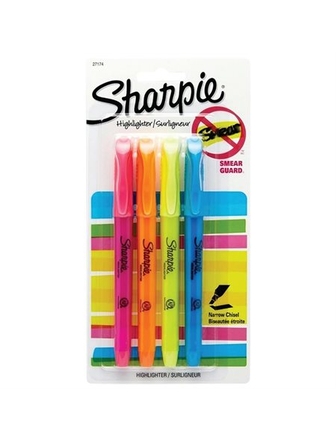 Surligneurs Sharpie paquet de 4 pointe fine biseautée couleurs différentes fluo