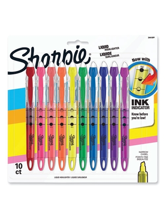 Surligneurs liquides pointe fine biseautée Sharpie paquet de 10 couleurs assorties